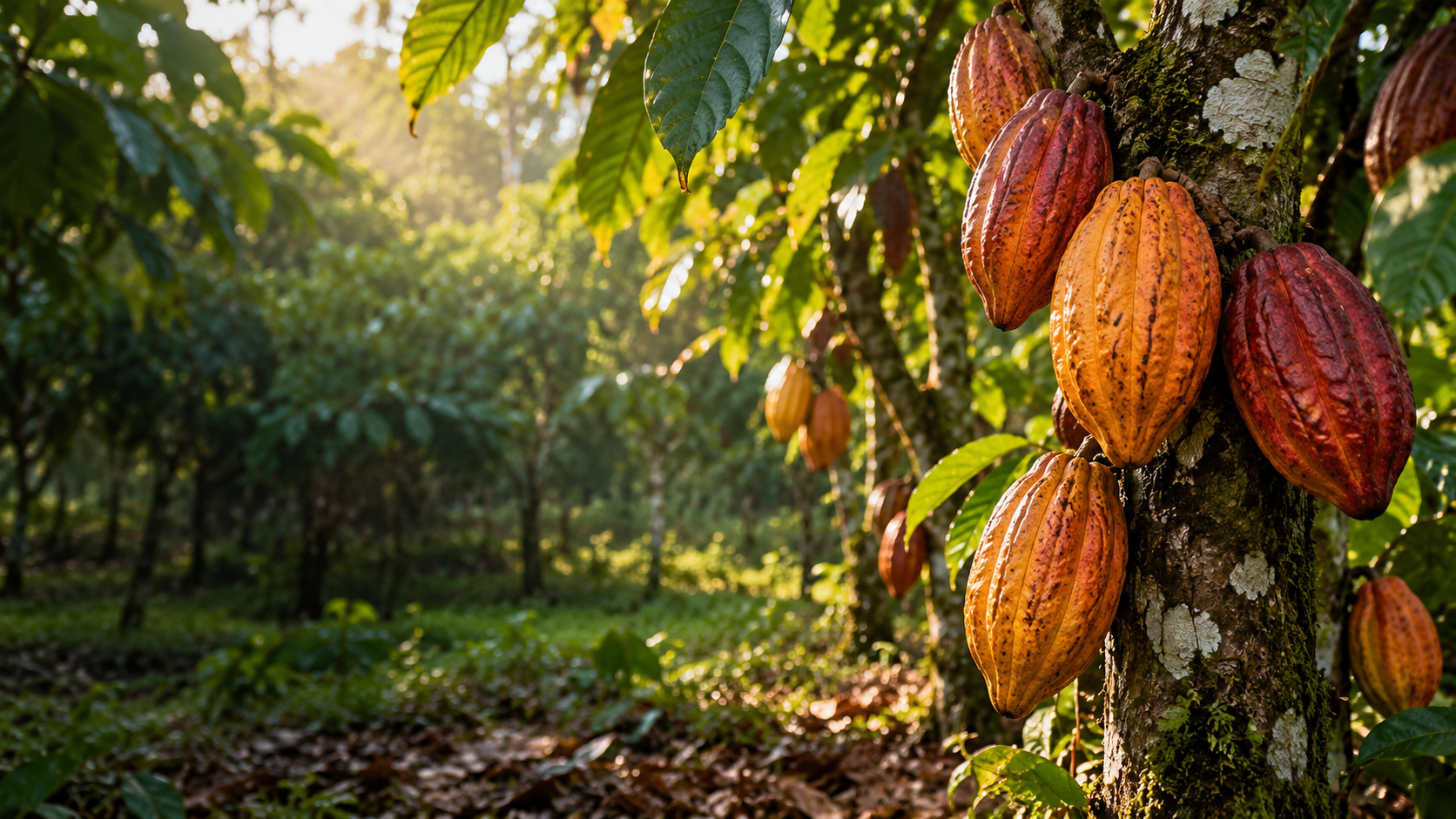 Ripe cocoa pods growing on a Ghanaian farm