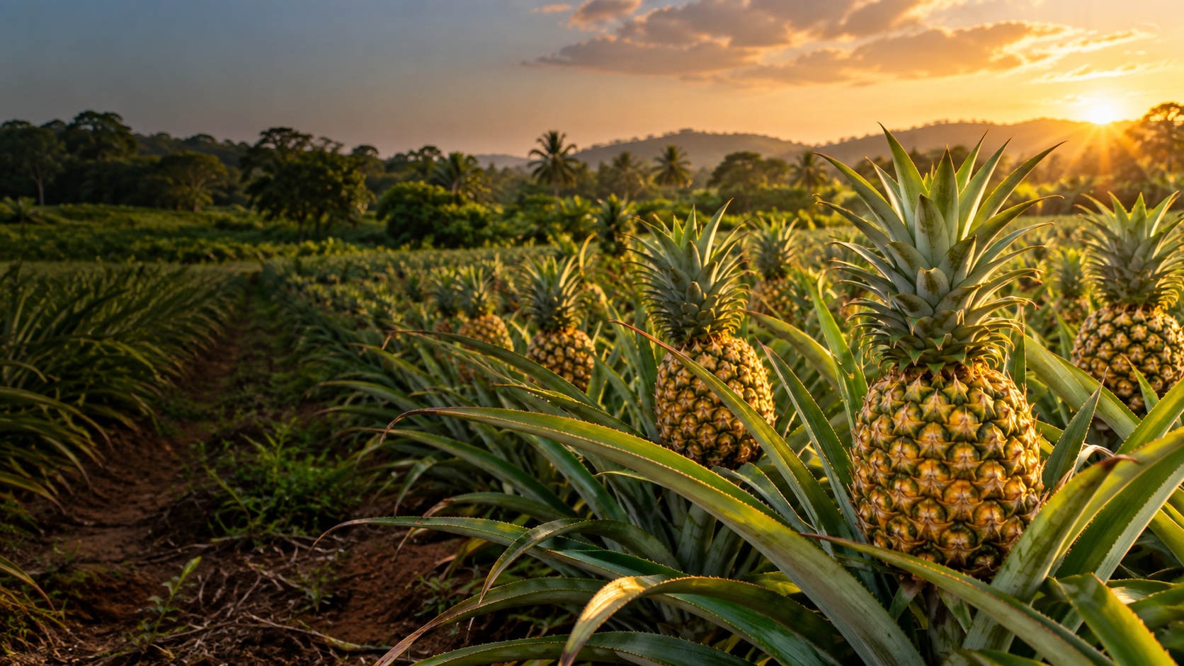 Pineapples growing in a sunlit farm field