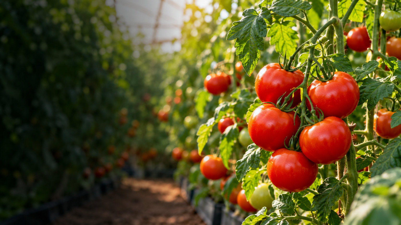 Fresh tomatoes ripening on vines